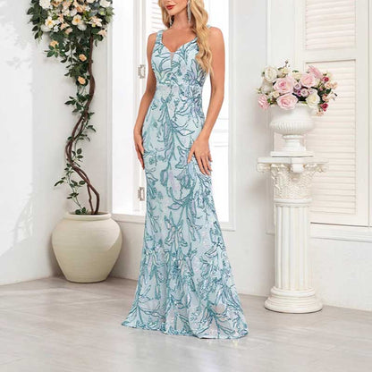 Mermaid Wedding Guest Dress Blue Long Evening Dress Floral Sequin Bridesmaid Dress