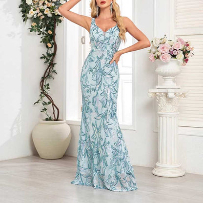 Mermaid Wedding Guest Dress Blue Long Evening Dress Floral Sequin Bridesmaid Dress