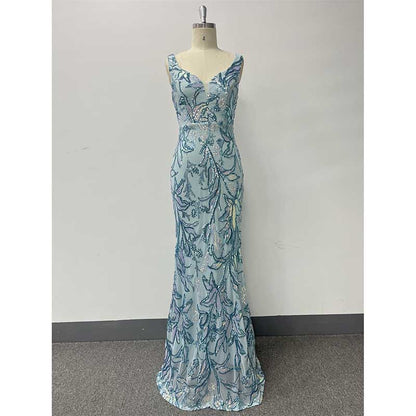 Mermaid Wedding Guest Dress Blue Long Evening Dress Floral Sequin Bridesmaid Dress