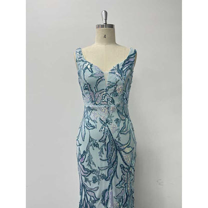 Mermaid Wedding Guest Dress Blue Long Evening Dress Floral Sequin Bridesmaid Dress