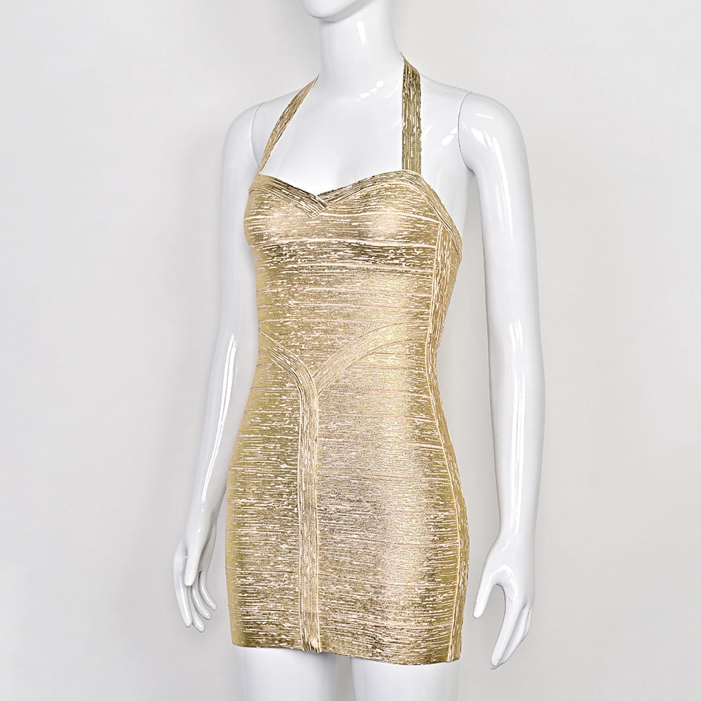 Metallic Gold Halter Dress | Bandage Bodycon for Nightclub