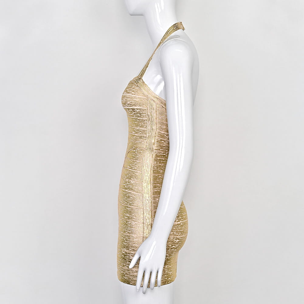 Metallic Gold Halter Dress | Bandage Bodycon for Nightclub