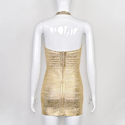 Metallic Gold Halter Dress | Bandage Bodycon for Nightclub