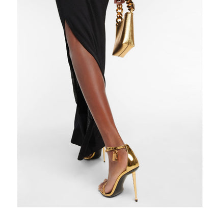 Metallic Gold High Heel Sandals with Chain Detail - Formal Gold Strappy Heels