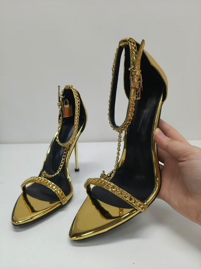 Metallic Gold High Heel Sandals with Chain Detail - Formal Gold Strappy Heels