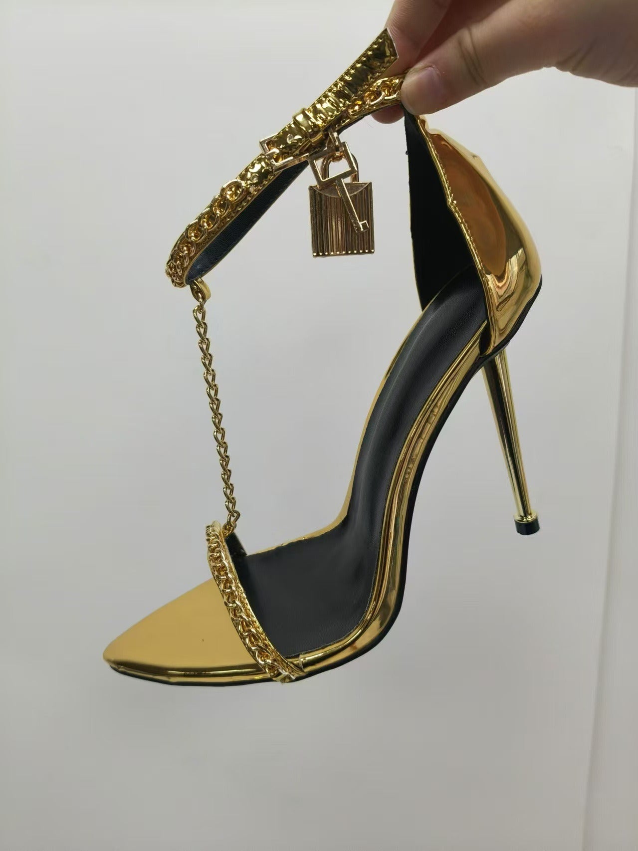 Metallic Gold High Heel Sandals with Chain Detail - Formal Gold Strappy Heels