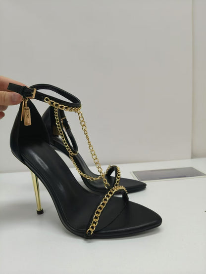 Metallic Gold High Heel Sandals with Chain Detail - Formal Gold Strappy Heels