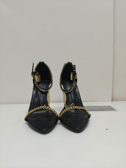 Metallic Gold High Heel Sandals with Chain Detail - Formal Gold Strappy Heels