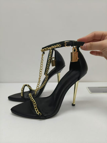 Metallic Gold High Heel Sandals with Chain Detail - Formal Gold Strappy Heels