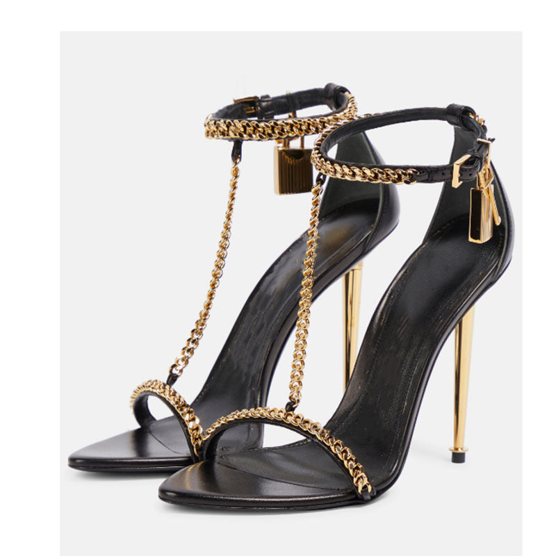 Metallic Gold High Heel Sandals with Chain Detail - Formal Gold Strappy Heels