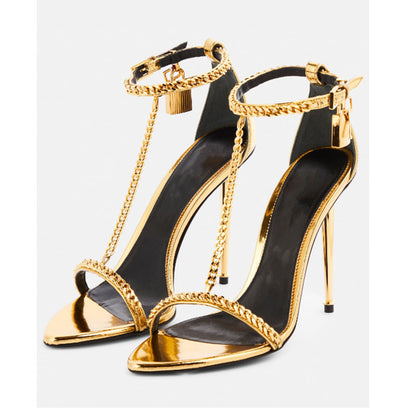 Metallic Gold High Heel Sandals with Chain Detail - Formal Gold Strappy Heels