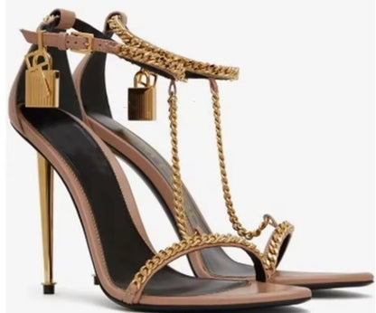 Metallic Gold High Heel Sandals with Chain Detail - Formal Gold Strappy Heels