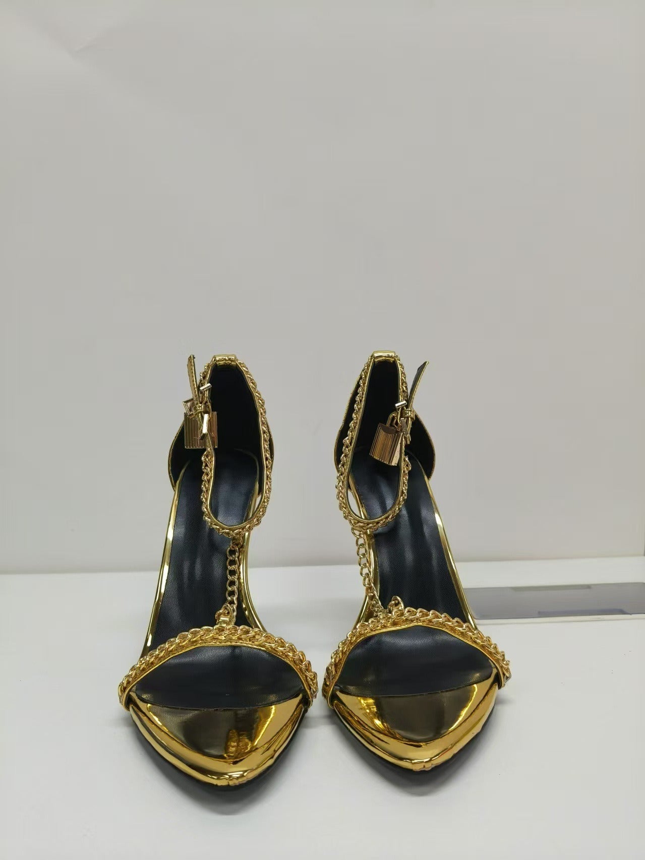 Metallic Gold High Heel Sandals with Chain Detail - Formal Gold Strappy Heels