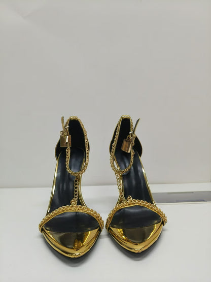 Metallic Gold High Heel Sandals with Chain Detail - Formal Gold Strappy Heels
