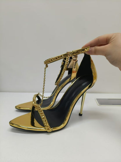 Metallic Gold High Heel Sandals with Chain Detail - Formal Gold Strappy Heels