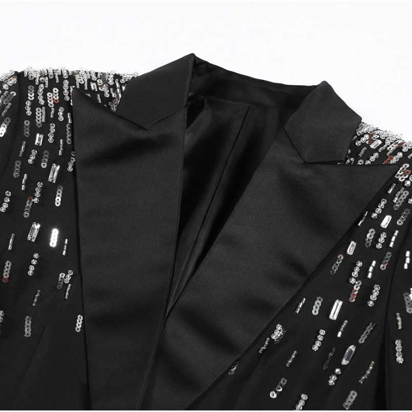 Women's Mid-Length Sequin Blazer Coat in Black & White