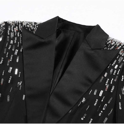 Women's Mid-Length Sequin Blazer Coat in Black & White