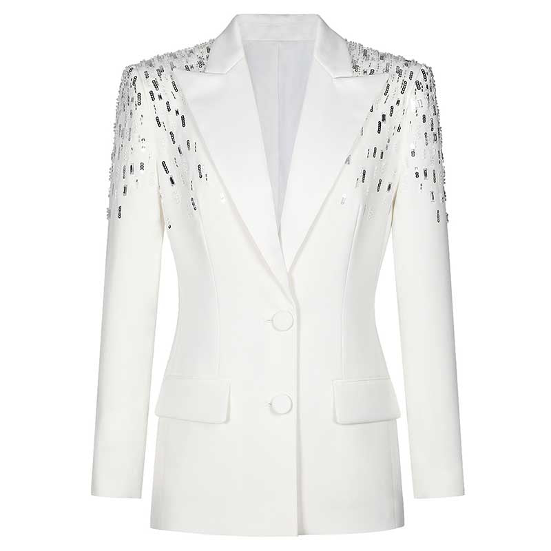 Women's Mid-Length Sequin Blazer Coat in Black & White