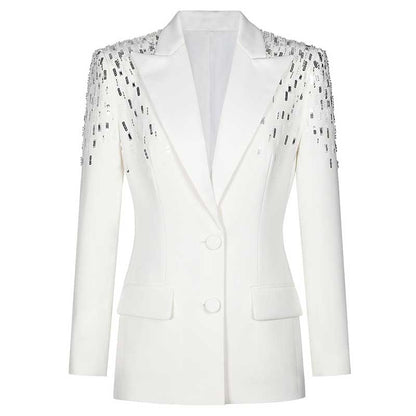 Women's Mid-Length Sequin Blazer Coat in Black & White