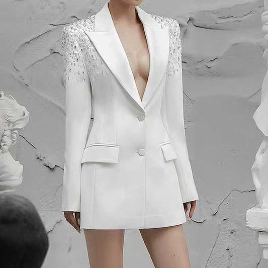 Women's Mid-Length Sequin Blazer Coat in Black & White