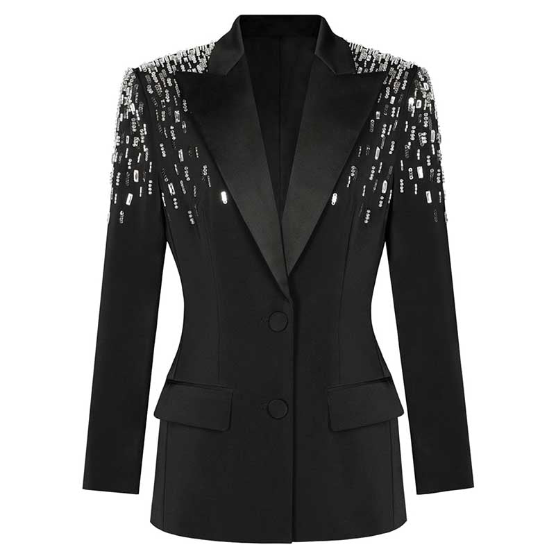 Women's Mid-Length Sequin Blazer Coat in Black & White