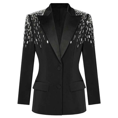 Women's Mid-Length Sequin Blazer Coat in Black & White