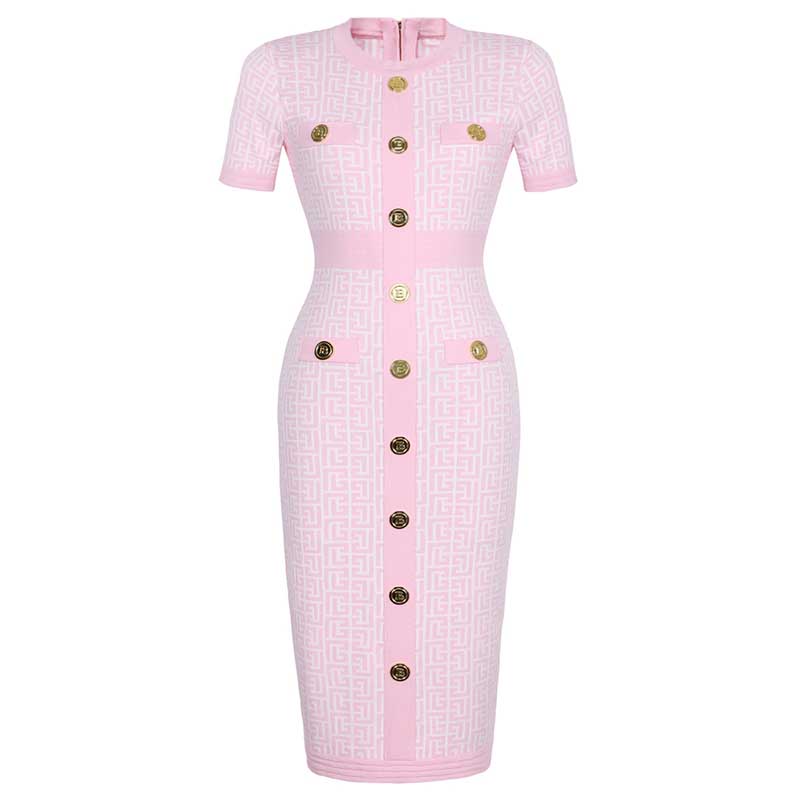 Midi Knit Dress With Pocket and Buttons Round-Neck