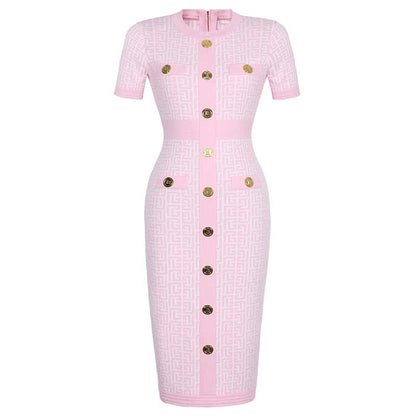 Midi Knit Dress With Pocket and Buttons Round-Neck