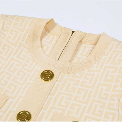 Midi Knit Dress With Pocket and Buttons Round-Neck