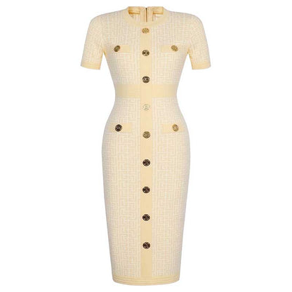 Midi Knit Dress With Pocket and Buttons Round-Neck