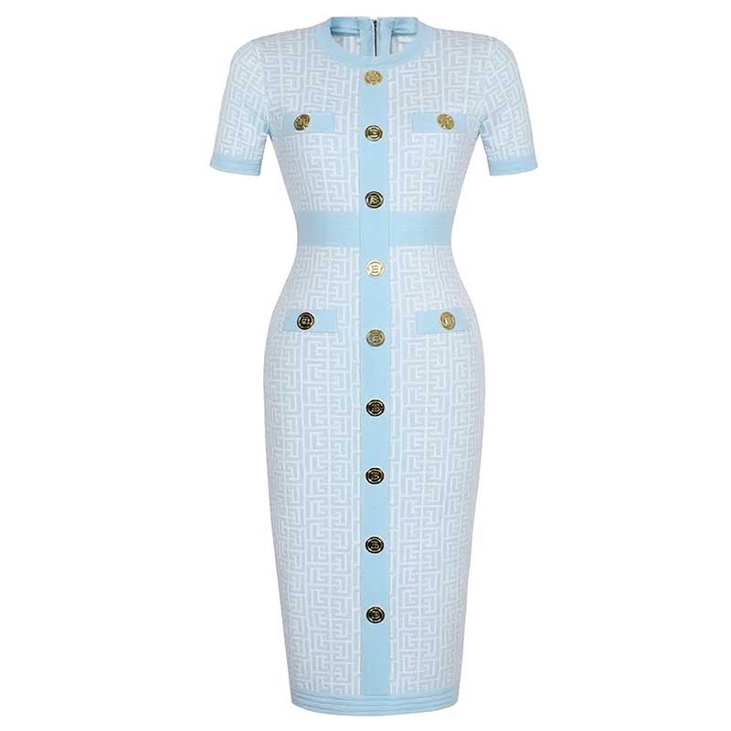 Midi Knit Dress With Pocket and Buttons Round-Neck