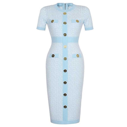 Midi Knit Dress With Pocket and Buttons Round-Neck