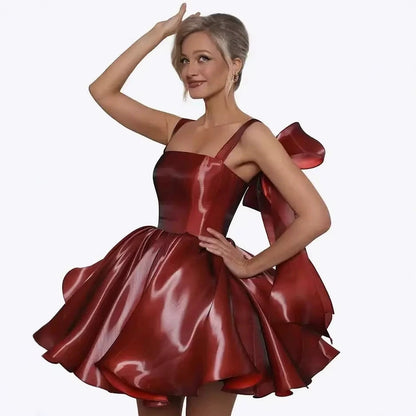 Elegant Satin Corset Dress with Oversized Bow - Mini Puffball Tulle Gown for Party & Evening