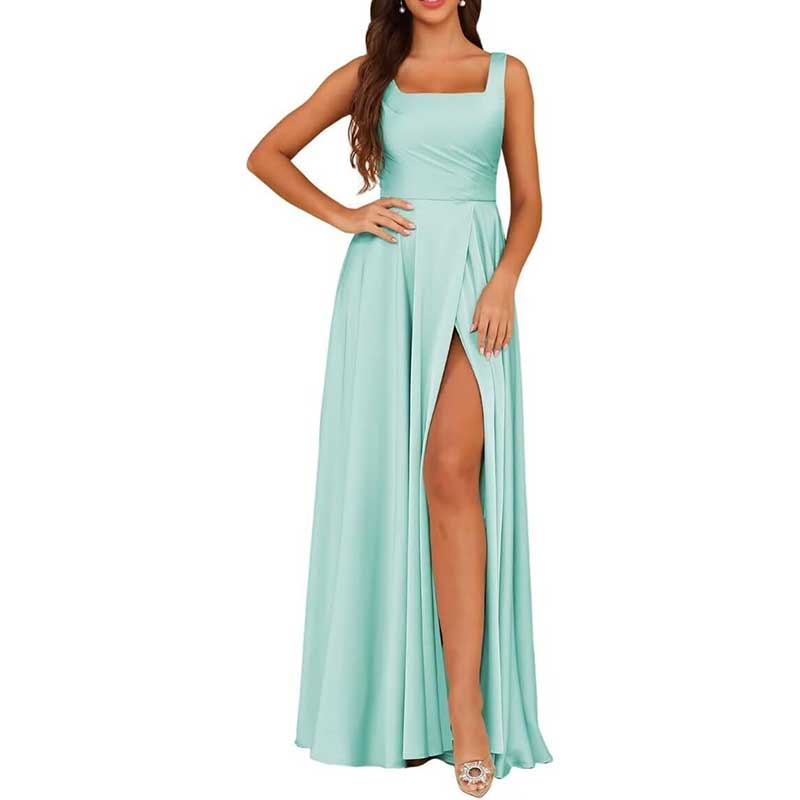 Mint Green Satin bridesmaid dresses long in teal with a flattering square neckline and thigh-high slit