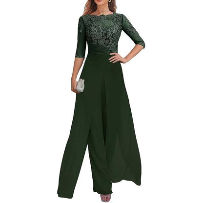 Mother of The Bride Pant Suits Wedding Jumpsuit Chiffon Lace Appliques Prom Ball Outfit