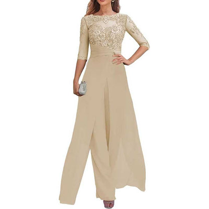 Mother of The Bride Pant Suits Wedding Jumpsuit Chiffon Lace Appliques Prom Ball Outfit