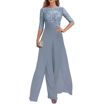 Mother of The Bride Pant Suits Wedding Jumpsuit Chiffon Lace Appliques Prom Ball Outfit