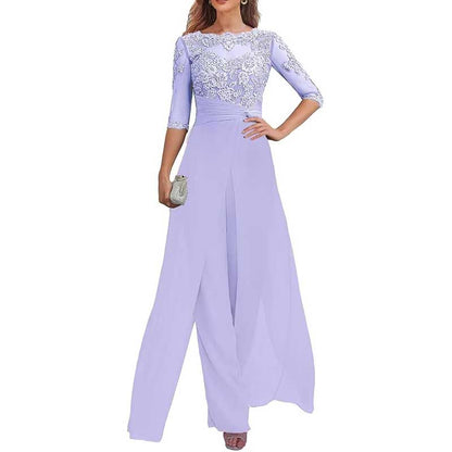 Mother of The Bride Pant Suits Wedding Jumpsuit Chiffon Lace Appliques Prom Ball Outfit