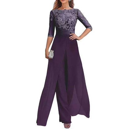 Mother of The Bride Pant Suits Wedding Jumpsuit Chiffon Lace Appliques Prom Ball Outfit