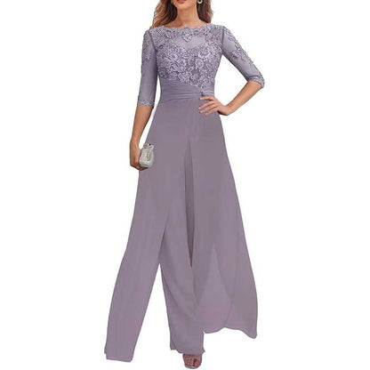 Mother of The Bride Pant Suits Wedding Jumpsuit Chiffon Lace Appliques Prom Ball Outfit