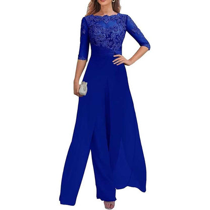 Mother of The Bride Pant Suits Wedding Jumpsuit Chiffon Lace Appliques Prom Ball Outfit