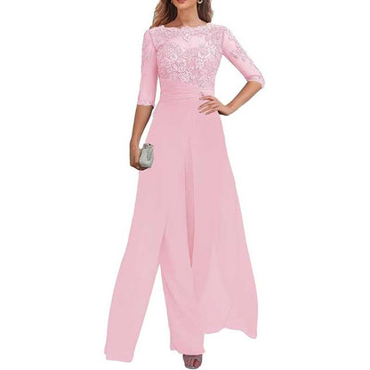 Mother of The Bride Pant Suits Wedding Jumpsuit Chiffon Lace Appliques Prom Ball Outfit