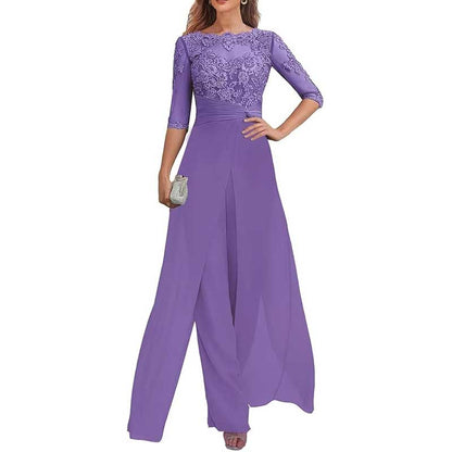 Mother of The Bride Pant Suits Wedding Jumpsuit Chiffon Lace Appliques Prom Ball Outfit
