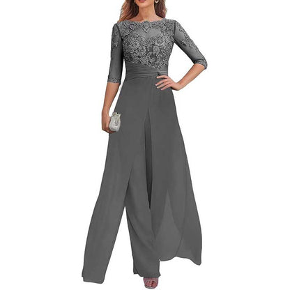 Mother of The Bride Pant Suits Wedding Jumpsuit Chiffon Lace Appliques Prom Ball Outfit
