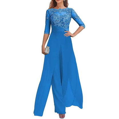 Mother of The Bride Pant Suits Wedding Jumpsuit Chiffon Lace Appliques Prom Ball Outfit