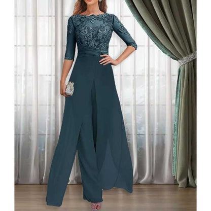 Mother of The Bride Pant Suits Wedding Jumpsuit Chiffon Lace Appliques Prom Ball Outfit