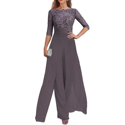 Mother of The Bride Pant Suits Wedding Jumpsuit Chiffon Lace Appliques Prom Ball Outfit
