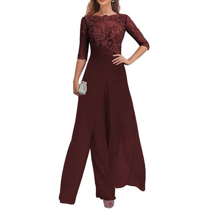 Mother of The Bride Pant Suits Wedding Jumpsuit Chiffon Lace Appliques Prom Ball Outfit