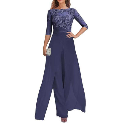 Mother of The Bride Pant Suits Wedding Jumpsuit Chiffon Lace Appliques Prom Ball Outfit
