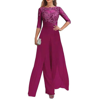 Mother of The Bride Pant Suits Wedding Jumpsuit Chiffon Lace Appliques Prom Ball Outfit
